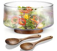 NiHome Ensaladera de vidrio extragrande con base de madera de acacia natural y utensilios de madera para servir cenas familiares, fiestas, reuniones, cuenco de vidrio multiusos de gran tamaño para