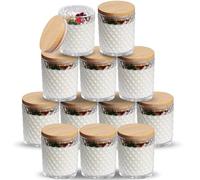 NiHome Juego de 12 tarros de cristal en relieve con tapas de bambú para hacer velas votivas, almacenamiento doméstico y portavelas - vidrio transparente, patrones exquisitos y tapas de sellado para un