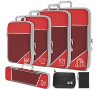 NiHome Juego de 7 cubos de compresión de malla expandible, organizadores de equipaje con cable electrónico, cargador, bolsa con cordón (rojo)