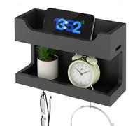 NiHome Organizador de accesorios de madera montado en la pared, estante de almacenamiento de pared de doble bandeja con ganchos magnéticos, soporte de pared para dormitorio, soporte de pared para