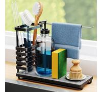NiHome Organizador multifuncional para fregadero de cocina y baño con soporte para cepillo elevado, base de tierra de diatomeas de secado rápido, almacenamiento para botellas de detergente, esponjas