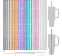 NiHome Pajitas de 40 onzas, paquete de 24 pajitas de repuesto de plástico con purpurina para vaso Stanley de 40 onzas, pajita reutilizable de colores surtidos de 12 pulgadas con 4 cepillos, PETG