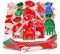 NiHome Paquete de 50 bolsas de regalo con cordón de Feliz Navidad con cinta dorada para dulces, galletas, pequeños regalos, 10 diseños, material EVA seguro para alimentos con varios patrones navideños