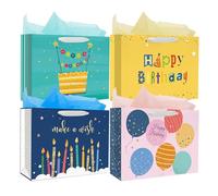 Nihuecne Bolsas de regalo de cumpleaños extragrandes de 16 pulgadas con papel de seda, paquete de 4 bolsas de regalo de papel con asas para envoltura de regalo de cumpleaños, 4 diseños