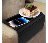 NIHUIFDPY Mesa para reposabrazos de sofá, bandeja de madera plegable con respaldo de tela, soporte para tazas, antideslizante y estable