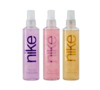 NIKE - Bruma Corporal Perfumada Glow Pack 3 x 200 ml, Golden + Pink + Purple, Bruma para Mujer, Body Mist, Fragancia Fresca, de Larga Duración, Fácil de Aplicar, Secado Rápido, Formato Spray
