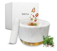 NIKITA - Juego de mortero y mortero de mármol blanco, juego de mortero grande para trituradora de hierbas y especias, juego de mortero y mortero de piedra pesado y duradero, dorado