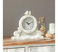NIKKY HOME Reloj de mesa vintage con 2 pájaros, silencioso que no hace tictac, funciona con pilas, reloj de madera rústico para decoración de sala de estar, color blanco envejecido