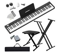 NikoMaku SWAN-S - Teclado de piano de 88 teclas con banco y soporte, piano digital portátil semipesado para principiantes, color negro, con auriculares, calcomanías, funda de transporte