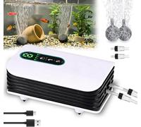 Nikou Bomba de aire para acuario, bomba de aire de doble salida para acuario con 2 tubos de aire y comprobación, bombas de aire de 3 W con batería de 2600 mAh, bomba silenciosa para peceras y peces