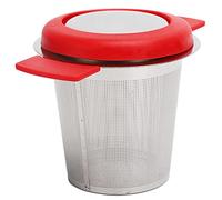 Nikou Colador de té de acero inoxidable, filtro infusor de té de hojas sueltas con tapa, diseño de doble oreja, filtro de malla fina, utensilio de cocina, silicona plateada y roja, tetera