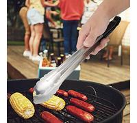 Nikou Pinzas de acero inoxidable para barbacoa, clip de alimentos con mango negro y herramienta de abrazadera antiquemaduras, acero inoxidable resistente para asar y cocinar