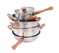 Nikou Wok de hierro fundido de 20 cm, sartén de 2 asas con tapa de madera, base plana sin revestimiento para freír, parrilla, vapor, cocina china asiática, juego de utensilios de cocina