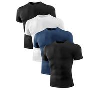 Niksa Camisas de compresión para hombre, paquete de 1 o 4, camiseta de entrenamiento de manga corta, absorbe la humedad, ajuste activo, capa base, D: negro, azul marino, blanco, negro, Large