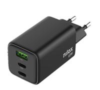 Nilox Cargador universal 65W, 2 puertos USB-C y 1 USB-A, cable USB-C 2m, con protecciones, Negro