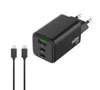 Nilox, Cargador Universal con 2 Puertos Tipo C y 1 Tipo A de 65W, con Cable de 2m USB-C, Protección contra Cortocircuitos, Sobretensiones y Sobrecargas, Negro