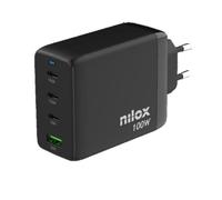 Nilox Cargador universal 100W con 3 puertos Tipo C y 1 Tipo A, cable USB-C 2m, protecciones, Negro
