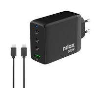 Nilox Cargador universal 100W con 3 puertos Tipo C y 1 Tipo A, cable USB-C 2m, protecciones, Negro