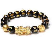 Niltracy Pulsera de riqueza y suerte de Feng Shui, pulsera elástica de cuentas de Buda para mujeres y hombres, de obsidiana negra Pixiu, talla única, Cuero sintético, No es una piedra preciosa