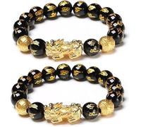 Niltracy Pulsera de riqueza y suerte de Feng Shui, pulsera elástica de cuentas de Buda para mujeres y hombres, de obsidiana negra Pixiu, talla única, Cuero sintético, No es una piedra preciosa