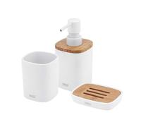 NIMCO Badu - Juego de 3 Piezas para baño (Incluye dispensador de jabón, jabonera y Soporte para Cepillo de Dientes, Madera de bambú), Color Blanco