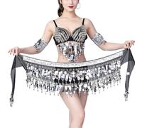 Nimiman Lentejuelas monedas franja danza del vientre bufandas cadera borla danza cinturón falda para mujer, Plateado, Talla Única
