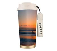 NImongt Hermosa taza de té de acero inoxidable con estampado de amanecer y océano para bebidas frías y calientes, uso diario, oficina, taza de viaje