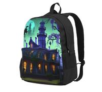 NImongt Mochila negra con estampado de mansión embrujada de gran capacidad para adultos, viajes, escuela, viajes, trabajo, uso diario al aire libre
