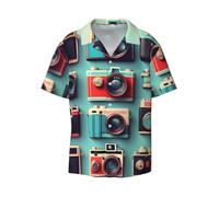 NImongt Retro Cool Camera Collection - Camisa hawaiana de manga corta con estampado y funcionalidad, clásica, a la moda, playa, vacaciones, casual, Negro, M