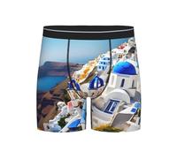 NImongt Santorini Greek Island Sea View Print Calzoncillos tipo bóxer para hombre, elásticos, cómodos, suaves, transpirables, para uso diario, Negro, S