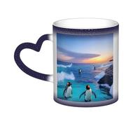 NImongt Taza de café de cerámica con estampado de pingüino y mar que cambia de color, para casa, oficina, cafetería, regalo de cumpleaños