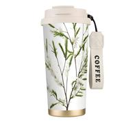 NImongt Taza de café y té de acero inoxidable con diseño de ramita verde natural blanca para bebidas frías y calientes, uso diario, oficina, viaje