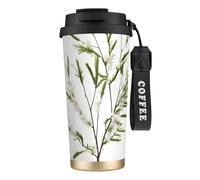 NImongt Taza de café y té de acero inoxidable con diseño de ramita verde natural blanca para bebidas frías y calientes, uso diario, oficina, viaje