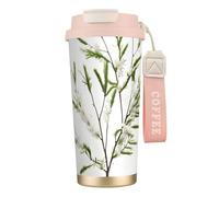 NImongt Taza de café y té de acero inoxidable con diseño de ramita verde natural blanca para bebidas frías y calientes, uso diario, oficina, viaje