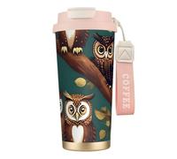 NImongt Taza de té de acero inoxidable con estampado de búhos en ramas de árbol para bebidas frías y calientes, uso diario, oficina, viaje