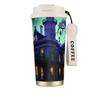 NImongt Taza de té de acero inoxidable con estampado de mansión encantada negra para bebidas frías y calientes, uso diario, oficina, taza de viaje