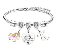 Nimteve Pulsera de caballo con inicial «Just A Girls Who Loves Horse», pulsera de caballo con letra A-Z, para amigos, pulsera de caballo, regalos para hermana, hija, nieta, pulseras de caballo con 26