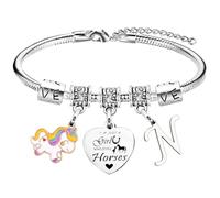 Nimteve Pulsera de caballo con inicial «Just A Girls Who Loves Horse», pulsera de caballo con letra A-Z, para amigos, pulsera de caballo, regalos para hermana, hija, nieta, pulseras de caballo con 26