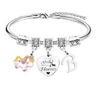 Nimteve Pulsera de caballo con inicial «Just A Girls Who Loves Horse», pulsera de caballo con letra A-Z, para amigos, pulsera de caballo, regalos para hermana, hija, nieta, pulseras de caballo con 26