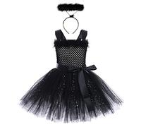 Niña ángel Diablo Ropa de Lujo Halloween Cosplay Vestido Princesa Tutu de Tul Falda ángel Aura Cabeza con Plumas Hada ala Varita Cumpleaños Carnaval de Navidad Ropa de Fiesta Negro (2pcs) 9-10 años