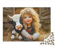 Niña Bonita con Vaca Rompecabezas de 1000 Piezas Relajación para Adultos Niña Abrazando Ternero en Granero Premium Robusto Desafiante Alivio del Estrés 52x38cm/1000pcs