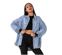 Nina Carter S539 - Camisa de mezclilla de gran tamaño para mujer, chaqueta de mezclilla ligera, chaqueta de transición, chaquetas tipo camisa con efecto lavado, aspecto usado, casual, S