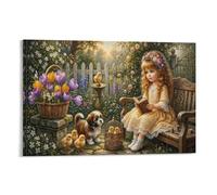 Niña de lectura del jardín En Lienzo Cuadros Decoracion Cuento de hadas de primavera Pinturas Murales Pintura Poster Impresiones Lienzo Para Sala De Estar Decoración Dormitorio 08x12inch(20x30cm)