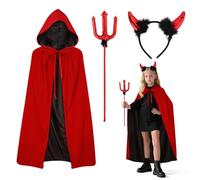 Niña Disfraz Demonio para Carnaval,90/120 cm Capa Doble＆Cuernos＆Bastón,Capa Roja y Negra Disfraz de Demonio para Carnaval Disfraces Accesorios de Diablo Fiesta Cosplay