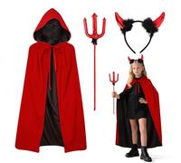Niña Disfraz Demonio para Carnaval,90/120 cm Capa Doble＆Cuernos＆Bastón,Capa Roja y Negra Disfraz de Demonio para Carnaval Disfraces Accesorios de Diablo Fiesta Cosplay