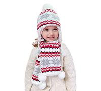 Niña Invierno Gorro Bufanda 2 Piezas Set Forro Polar 2-3 Años Niños Bebé Dulce y Encantador Pom Pom Térmico con Orejeras Bufanda de Punto Copo de Nieve Blanco, Circunferencia de la Cabeza 48-50cm L