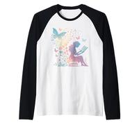 Niña leyendo un libro Floral Mariposa Fantasía Arte Mágico Camiseta Manga Raglan
