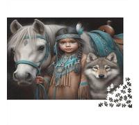 Niña nativa Caballo Lobo Puzzle 1000 Piezas Papel Reciclado para Adultos Puzzle para Adultos Juego Familiar desafiante Excelente Idea de Regalo para relajación y Creatividad 52x38cm/1000pcs