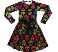 Niña Skater Manga Larga Multicolor Calaveras Estampado Halloween Fiesta Vestidos
