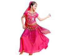 Niña Traje Danza del Vientre Lentejuelas Danza Vientre Vestido de Princesa Conjuntos Top + Cinturón + Pantalones + Pulseras + Mantillo con Lentejuelas Disfraz Halloween Carnival Dance (3-4 Years)